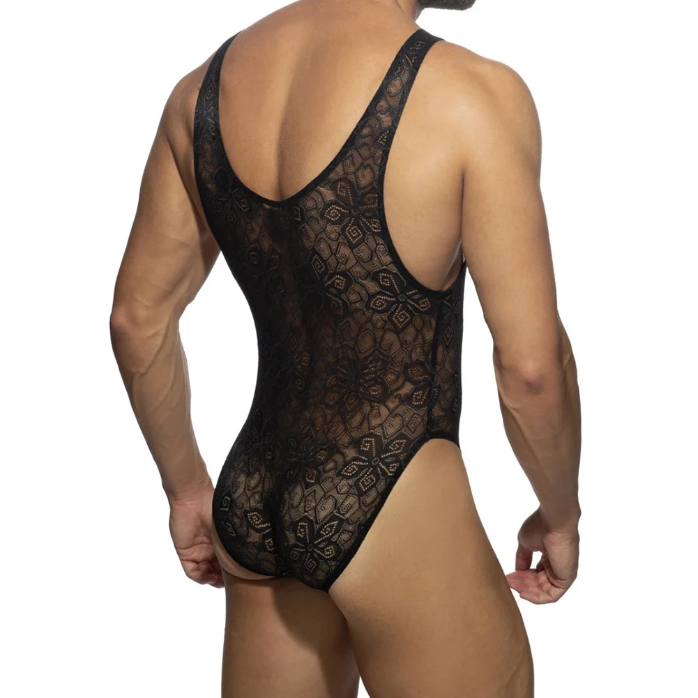

Print Mens Leotard Sexy Lace Beachwear Bodysuit Pouch Slimming Swimwear Underwear Male's Gay Clothes Nightclub Jumpsuit
