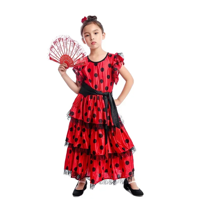 

Spanish National Senorita Girls Traditional Flamenco Dancer Cosplay Kids Ethnic Fancy-Dress Costume Folding Fan Height 100-150cm