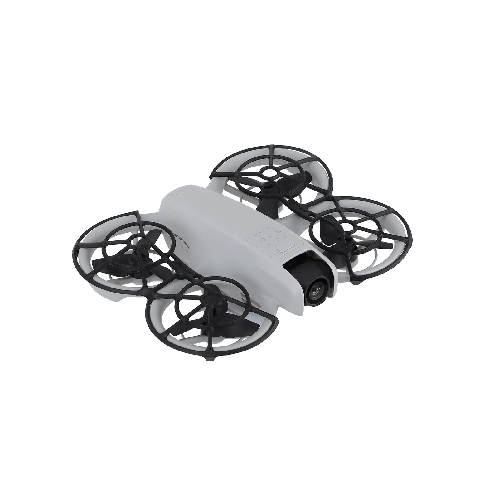 Drone DJI Neo avec protection d'hélice en vol, garde pare-chocs légère assurant la sécurité.