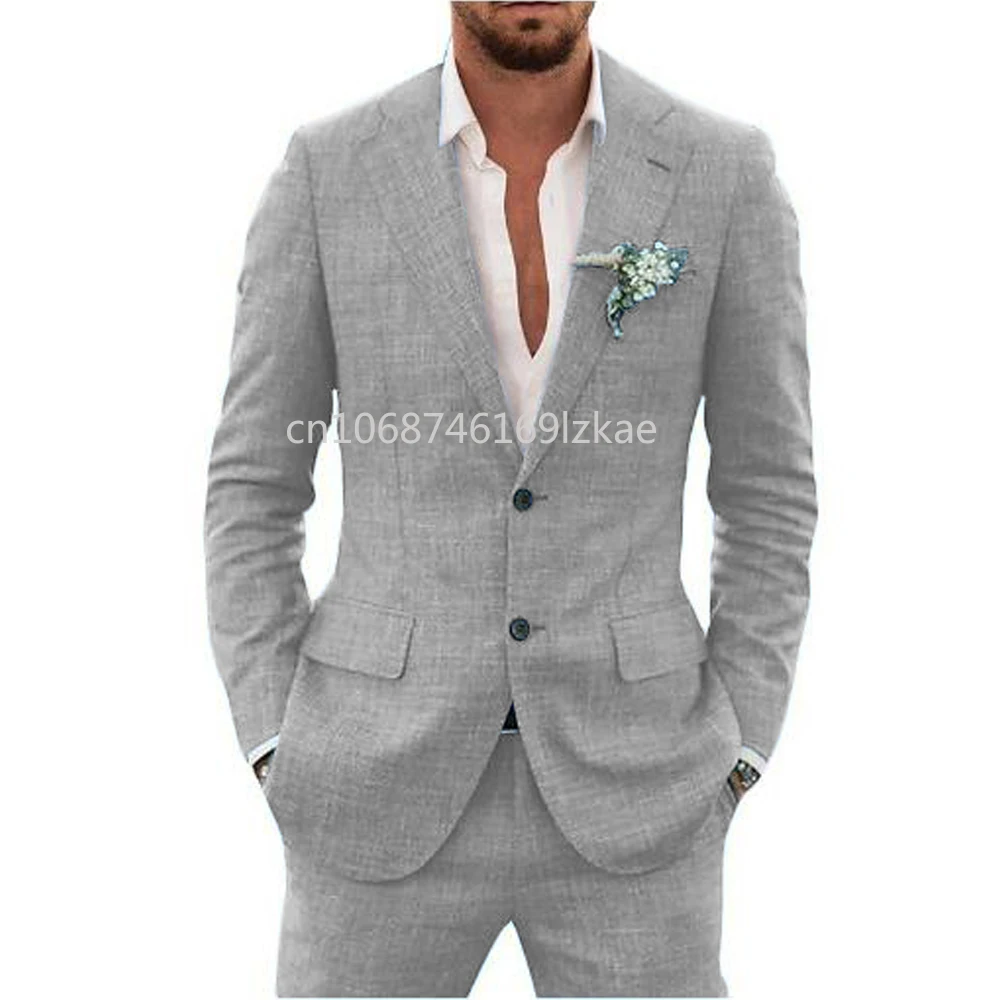 2024 lino tessuto adatto completo da uomo colletto con risvolto monopetto 2 pezzi Set elegante uomo abiti Blazer di alta qualità - immagine 5
