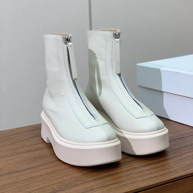 High quality Dermis Thick sole Short boots Women Front zipper Ankle high boots Flat Sloping heel shoes Casual Womens boots 4