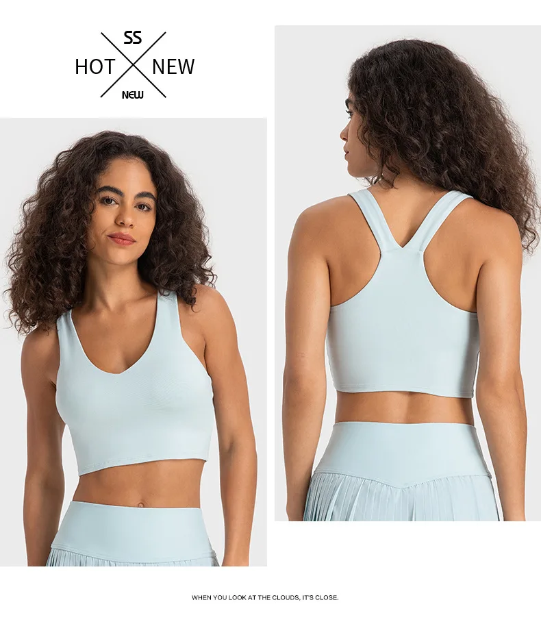Solid Color Wide Shoulder Strap V-Neck Women Sports Tank Fitness Yoga Bra Crop Top Push Up With Chest Pad High Impact Shockproof