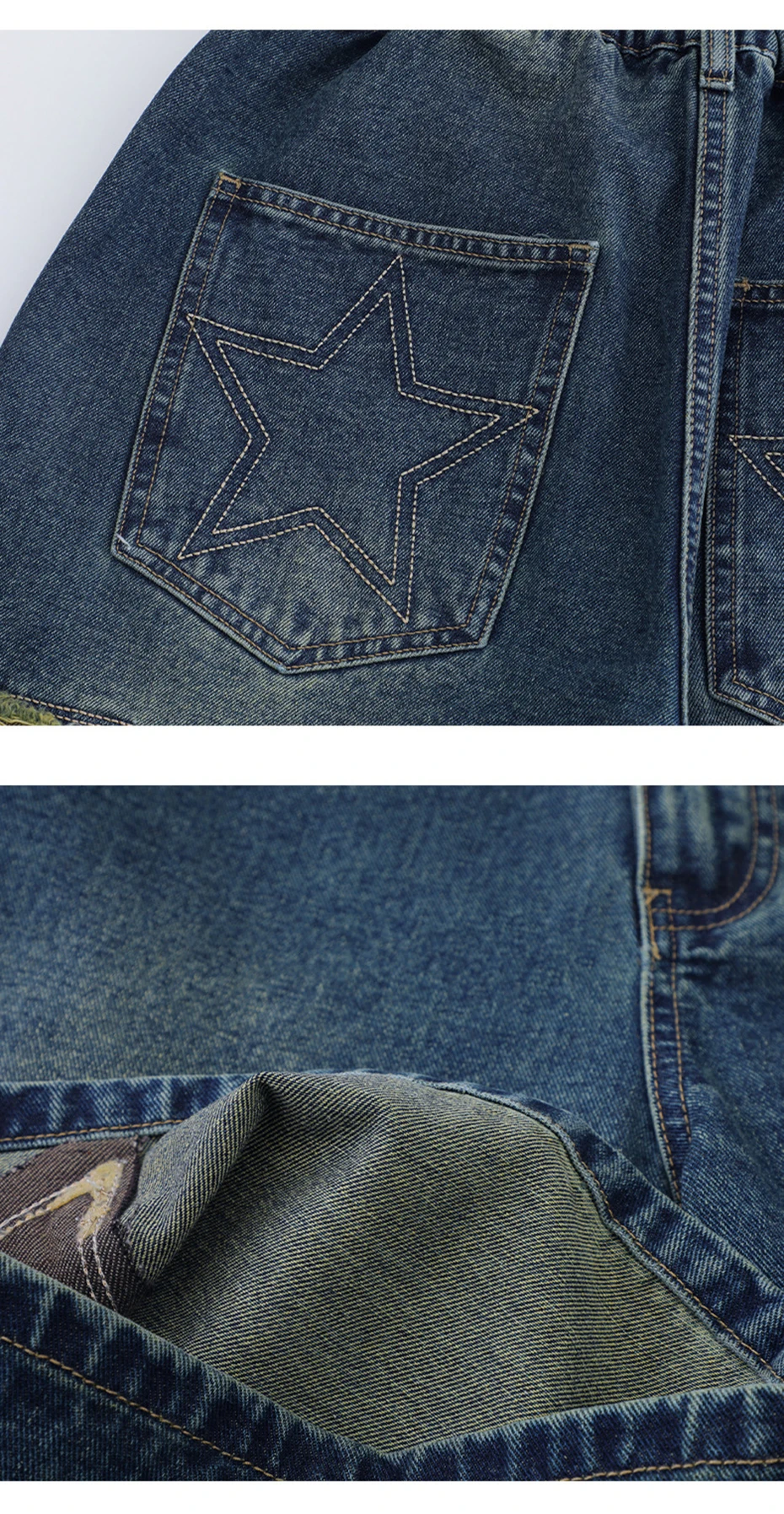 S2d22598111384d198fc3cd93ca38c644G Retro Star Splicing Denim Shorts, Men Summer Harajuku Streetwear Jeans Shorts Fashion Casual Loose Blue Denim Shorts Unisex Mallzona