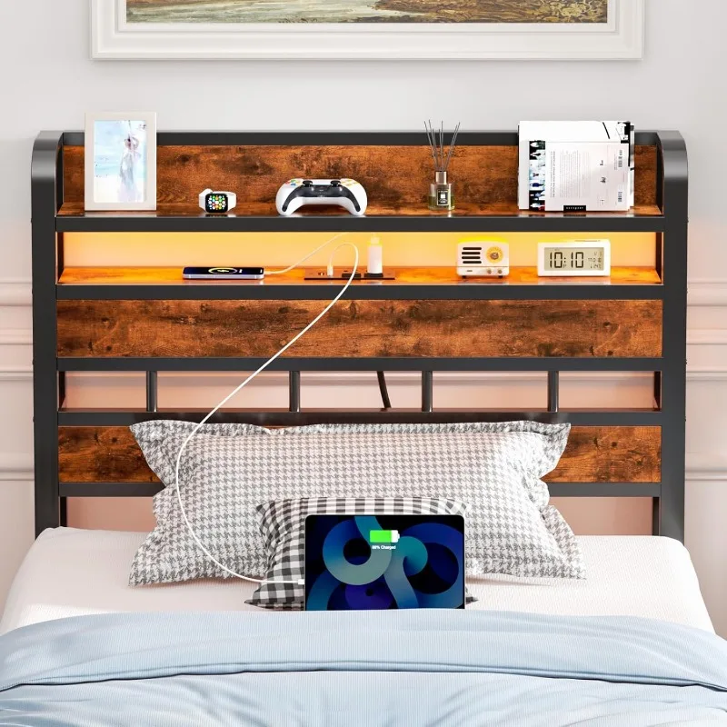 Twin Size Head Board Only 2 Outlets 2 USB Ports Bed Headboards with Charging Station Two Tier Storage Headboards Shelf for Dorm 6
