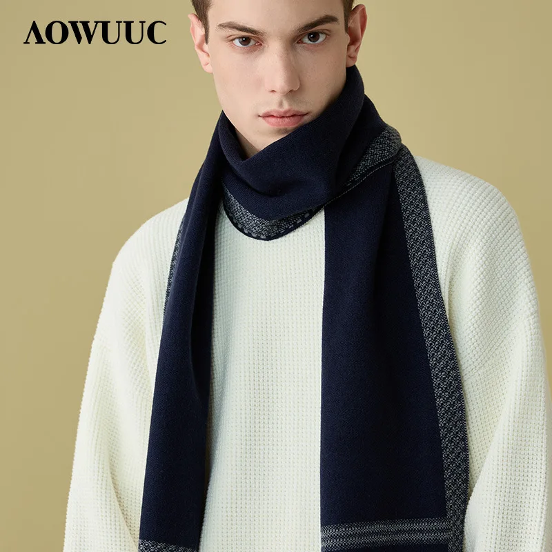 New Wool Scarf Men's Autumn and Winter Thickened Warm Versatile Striped Plaid Wraps Boyfriend Fashion Classic Knit Muffler Male