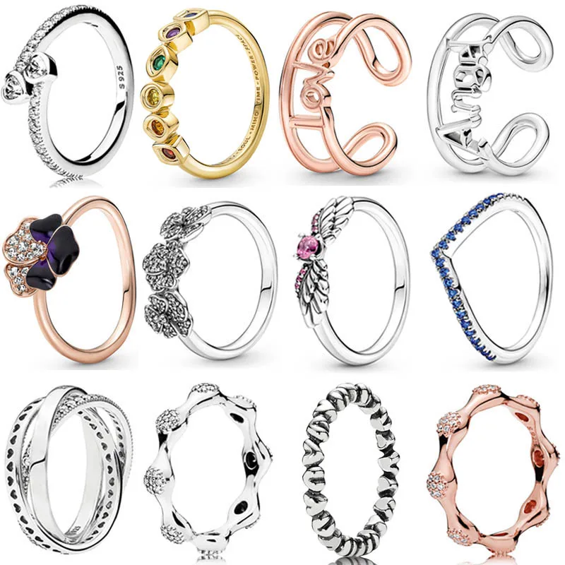 

925 Sterling Silver Rose Me Love Open Triple Pansy Flower Angel Wings Timeless Wish Bone Ring For Women Gift Fashion Jewelry