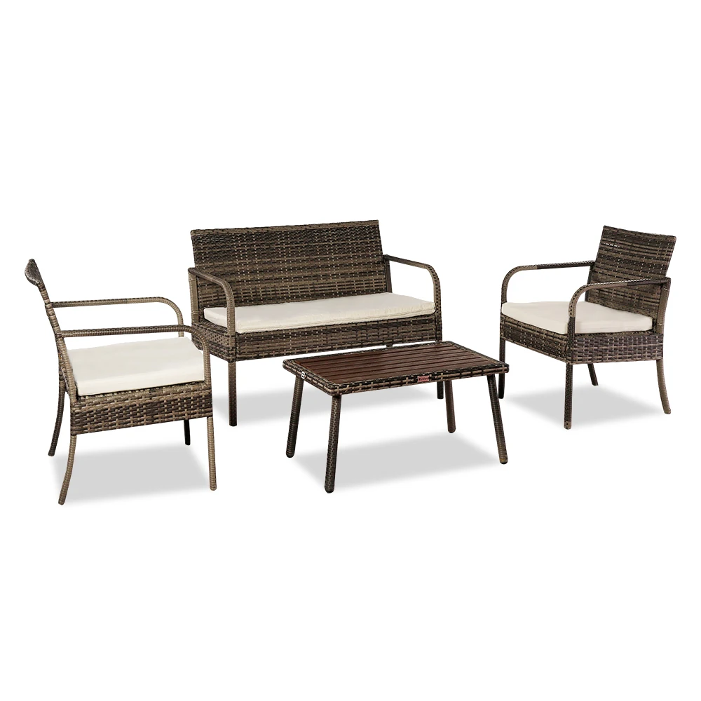 

4Pcs Outdoor Leisure Rattan Furniture Set Include 1 Double Chair 2 Single Chair 1 Solid Wood Coffee Table Grey[US-Stock]