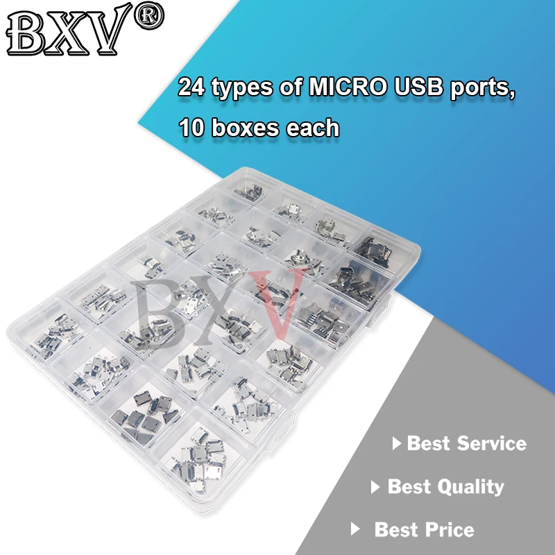 

24Kinds Micro Usb Box Mini Mobile Phone Charging Accessories Connector Socket Jack MP3/4/5Pin 240PCS/Set
