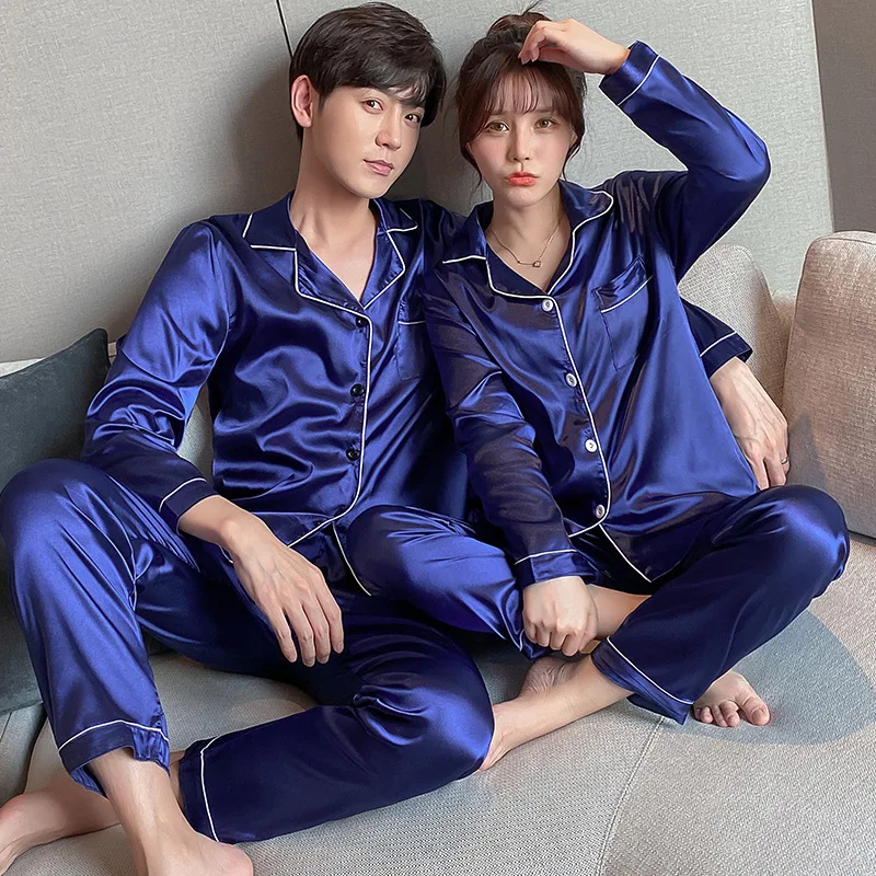 Couple Simulation Silk Pajamas Set of 2 Sets of Men Turned Long-Sleeved  Long Pants Spring and Summer Home Wear Ladies Homewear - AliExpress