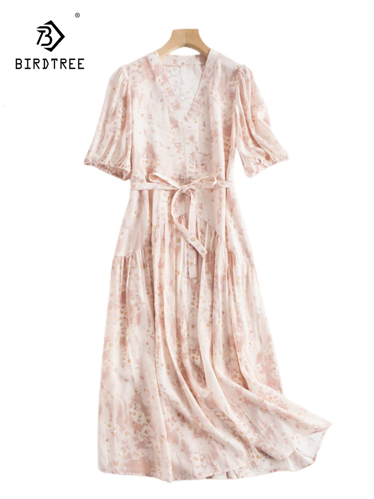 

Birdtree 100%Mulberry Silk Crepe De Chine Flower Dress V Neck Bubble Sleeve Split Large Swing Long Dress Women's Summer D37028QC