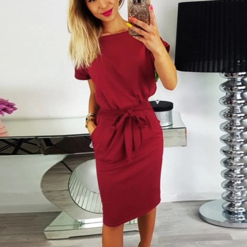 

Summer Dresses for Women Casual Solid Pocket Slim Dress Female Fashion Belted Elegant Party Mini Dresses Vestido