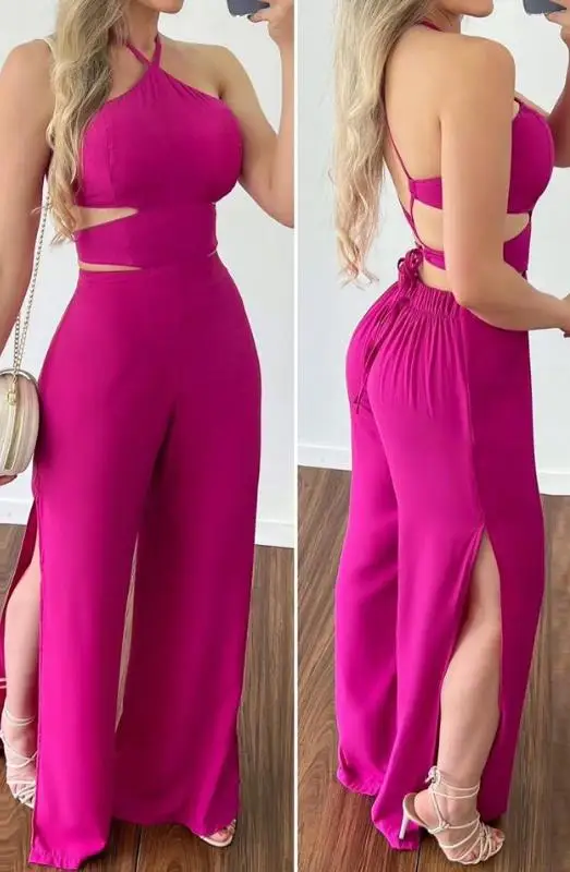 

Criss Cross Backless Split Hem Halter Jumpsuit Women 2024 Solid Color Sleeveless Sexy Style Daily Night Out High Waist Jumpsuit