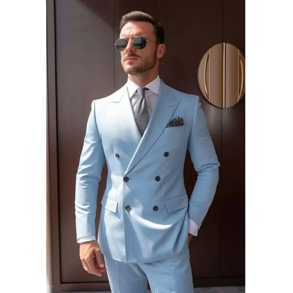Stylish Blue Casual Prom Suit For Guys With Peaked Lapel and Ruffles