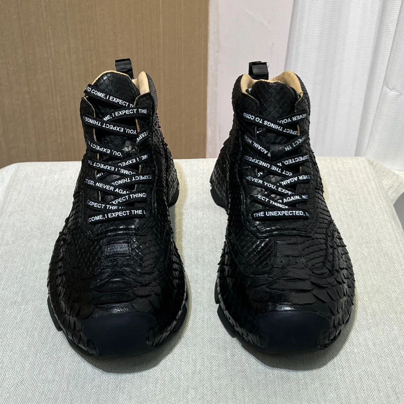 Men's Shoes Autumn Winter Python Snake Skin High Top Casual Versatile Real Leather Men's Black Trendy Wear-resistant Shoes