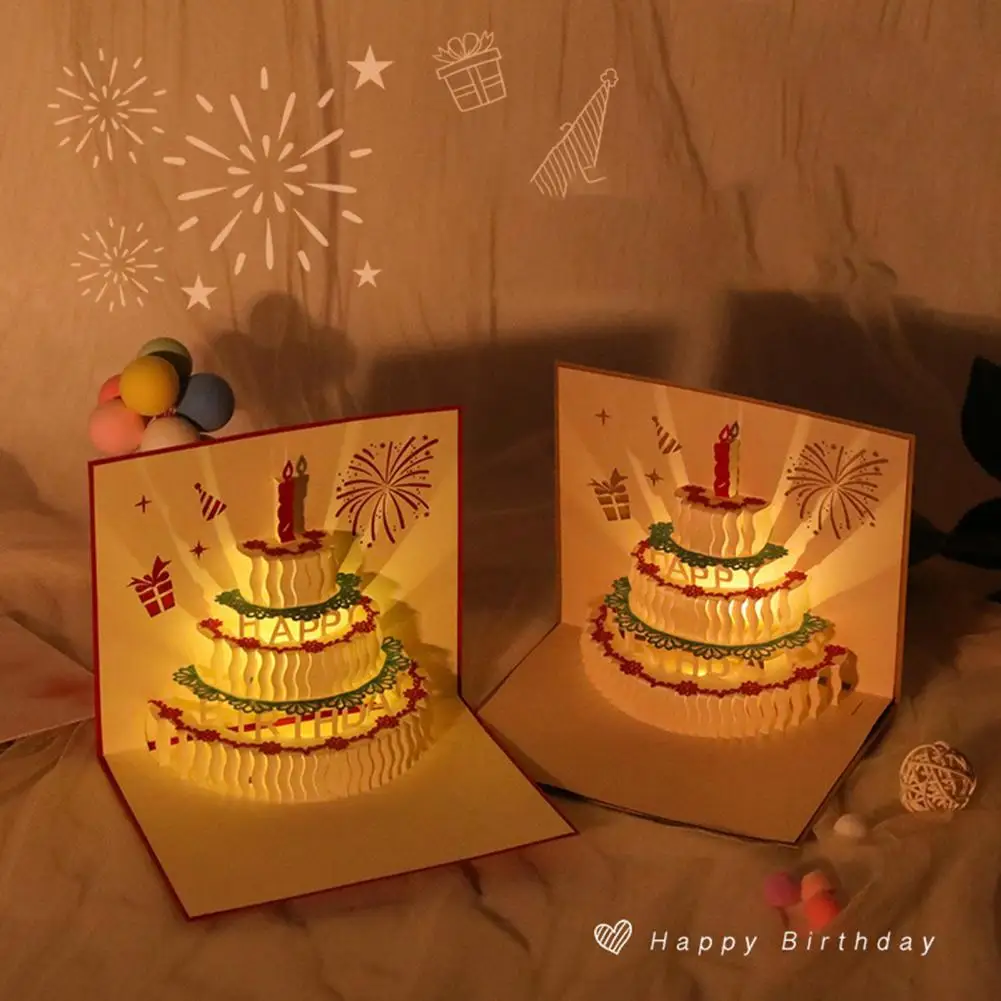 Lighting Music Happy Birthday 3D Card Birthday Cake Folding Festival Greeting Card Postcard Greeting Cards Postcards Christmas