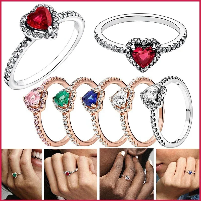 

925 Sterling Silver Elevated Red Heart Ring With Colorful Crystal Zircon Rings Fine Wedding Engagement Birthday Jewelry Gifts