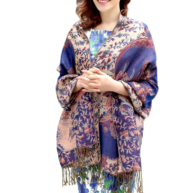 

Jacquard Pashmina Winter Scarf Gold Thread Bohemian Style Women Double Side Paisley Scarf Wrap Shawl Lady's Ethnic Fringed Shawl