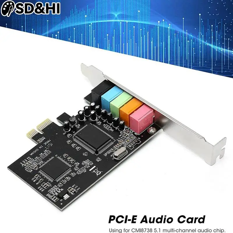 PCI Express X1 PCI-E 칩셋 오디오 디지털 사운드 카드, 솔리드 커패시터 Pcie 사운드 카드, 5.1 CH 24 비트, CMI8738, 신제품 도매