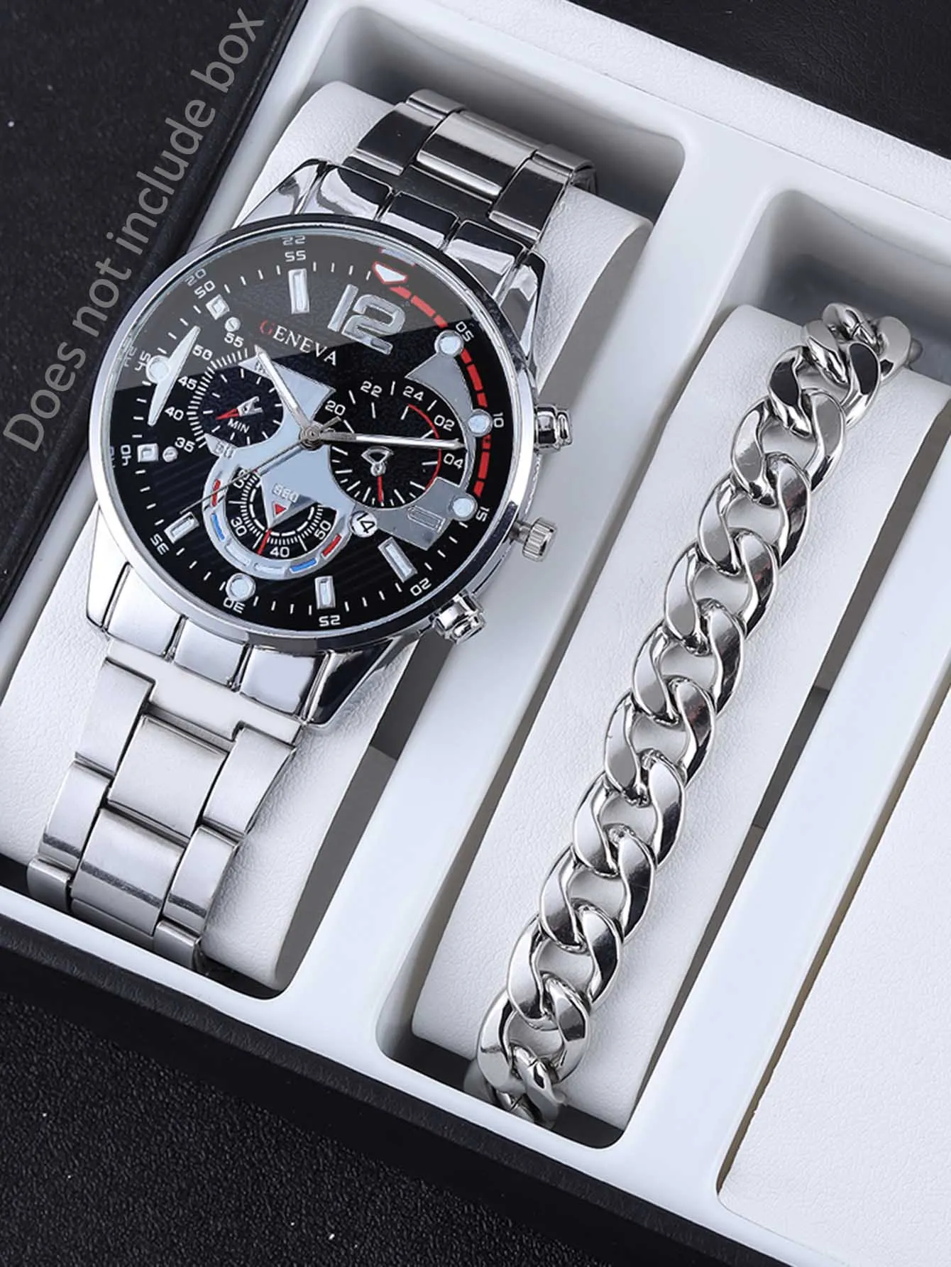 3pcs Business style Silver White Mechanical design men's alloy quartz watch with calendar and alloy Cuba necklace bracelet set 4