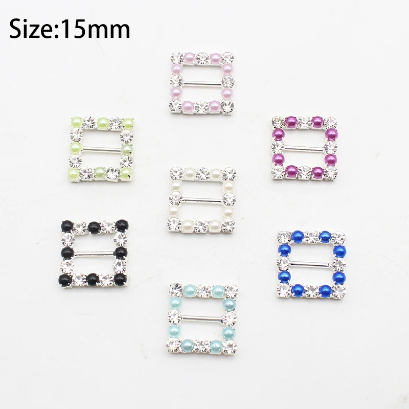 

New 10pcs15mm Rhinestone Pearl Buckle Multicolor Square Ribbon Slide Buckle DIY Greeting Card Decoration Accessories