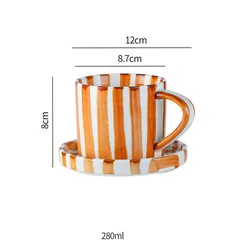 Minimalist Striped Ceramic Cup and Plate Set - 280ml/9.5oz Afternoon Tea Coffee Cup - 200 - 400ml (Chocolate)