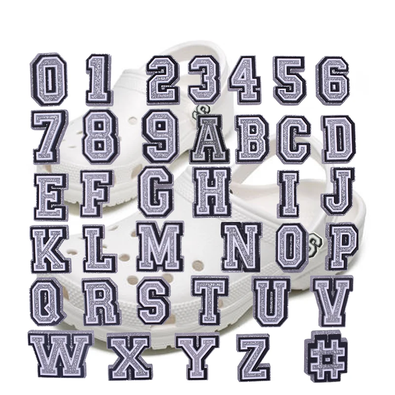 Pins Croc Charms For Shoes Shiny Silver Letters Numbers Decoration PVC Shoe Pin Clog Wristband Accessories 37pcs Wholesale Bulk