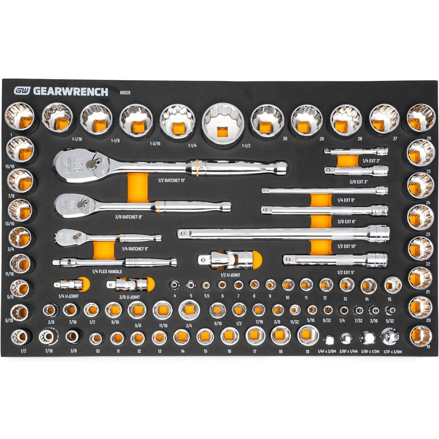 

2024 New 83 Pc. 1/4, 3/8", 1/2" 90-Tooth SAE/Metric Mechanics Tool Set with EVA Foam Tray - 86529 | USA | NEW