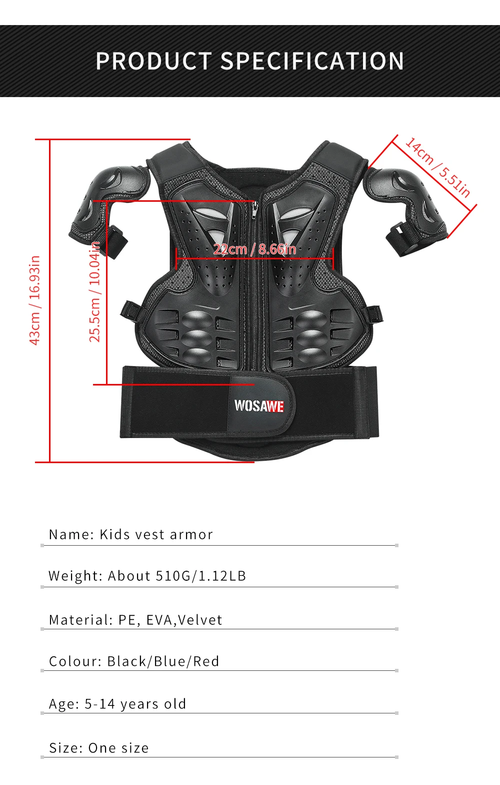WOSAWE Kids Protective Motorcycle Armor Adjustable Snowboard Skateboarding Ski Roller Sports Body Protection MTB Protect Jackets
