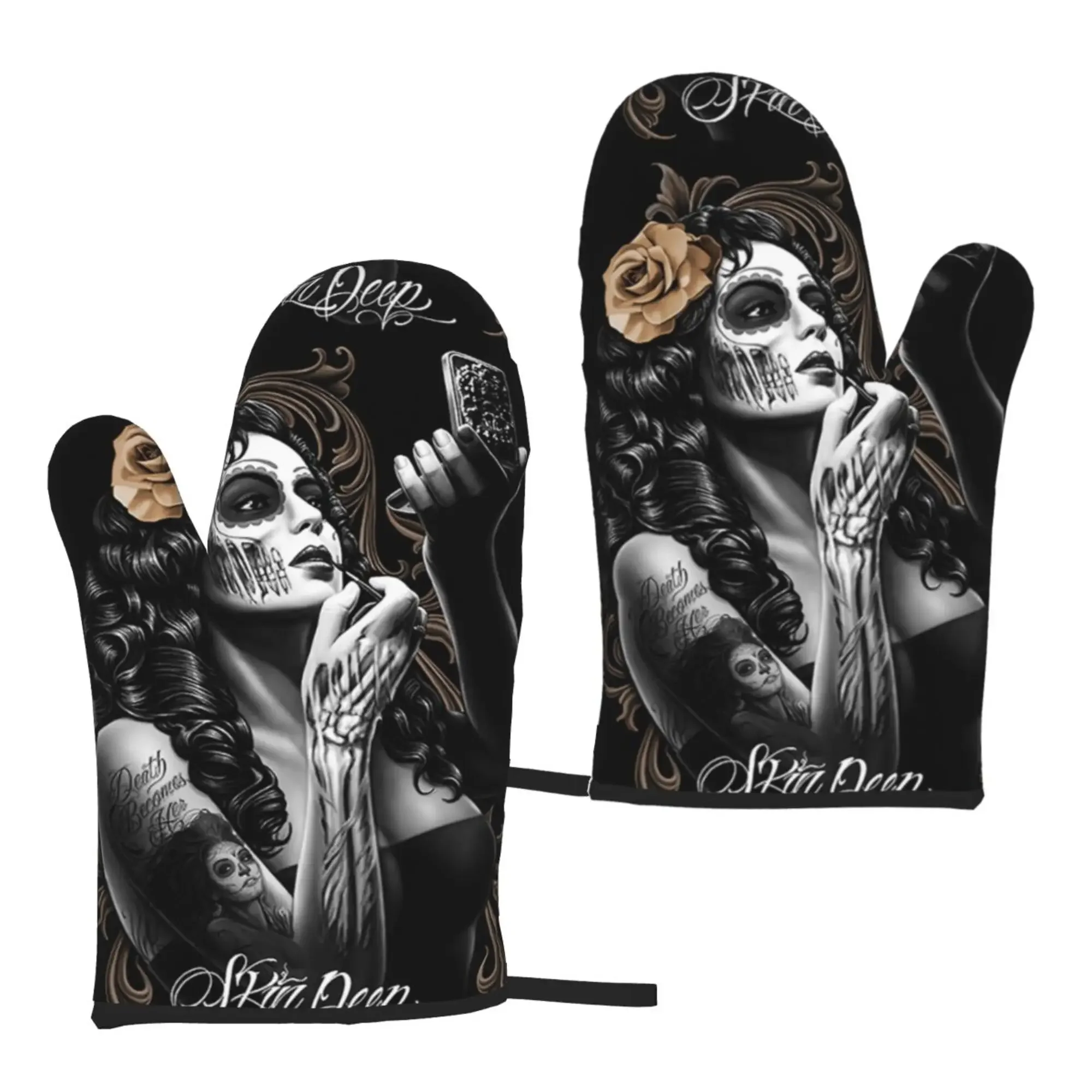 

Sexy Women Skull Halloween Oven Gloves 2pcs Microwave Gloves Oven Gloves Heat Resistant Oven Mitts for Kitchen Bbq Cooking