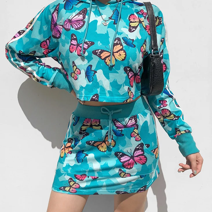 Butterfly Tie Dye Print Sweatshirts 2024 Autumn Casual Fashion Hoodies Two Piece Set Women Crop Tops Y2K Tracksuits Outfits Suit