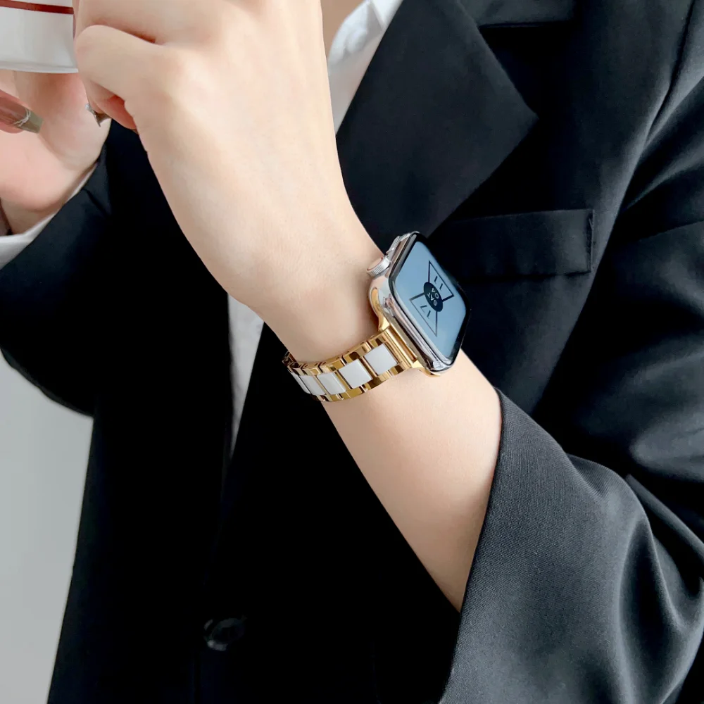 Metal+Ceramic Strap for Apple Watch Band 49mm 44mm 40mm 45mm 41mm 42mm Slim Stainless Steel Bracelet iWatch UItra 8 7 6 5 4 3 SE