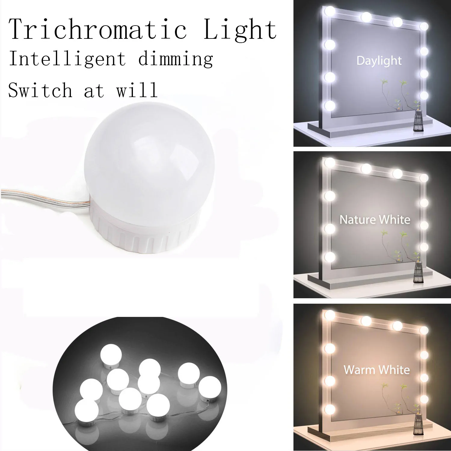 Makeup Mirror Bulb Led Mirror Headlight Free Punching Fill Light Dressing Table Rotating Take-Up Touch Three-color White