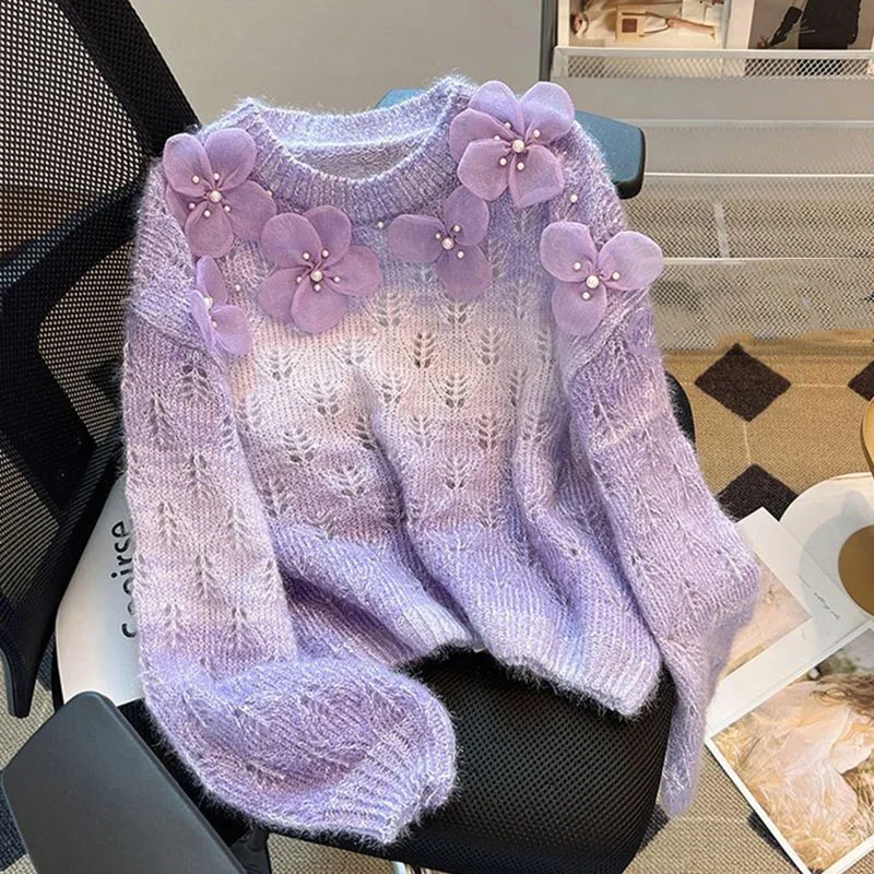 Pull Femme Tricot Mince à Col Rond - Motif Géométrique Crochet - Manches Longues - Neuf Avec étiquettes