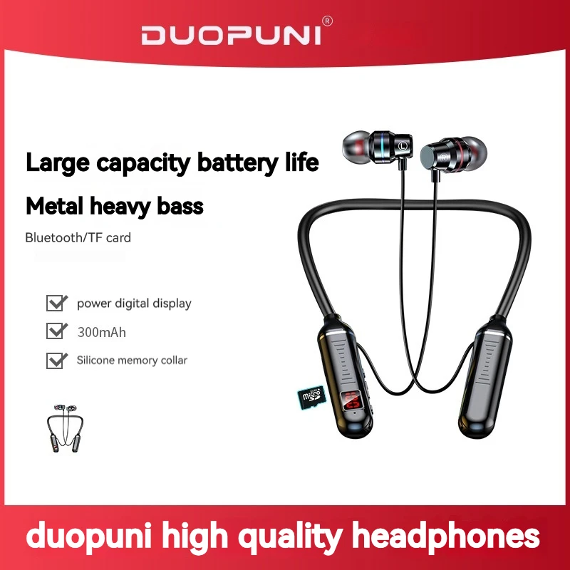 

DUOPUNI Neckband Bluetooth Earphones Wireless Headphones with Mic Metal Headset Gamer 300mAh High-Capacity Battery Earbuds