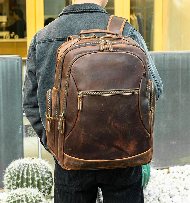 New Crazy Horse Leather Men's Backpack High Capacity 17 Inches Laptop Bag Vintage Style