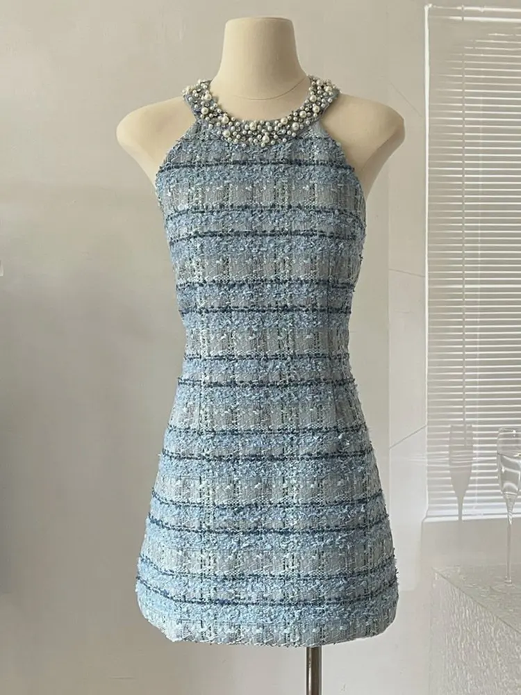 

Korean Sweet Small Fragrance Tweed Dresses For Women 2024 Fashion Beading Summer Hotsweet Sexy Party Dress