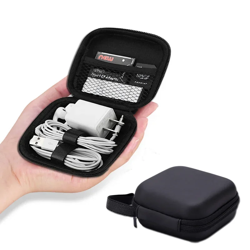 Headphone Case Bag with Lanyard Earphone Box Storage for Memory Card Headset USB Cable Charger Organizer Square Storage Bag