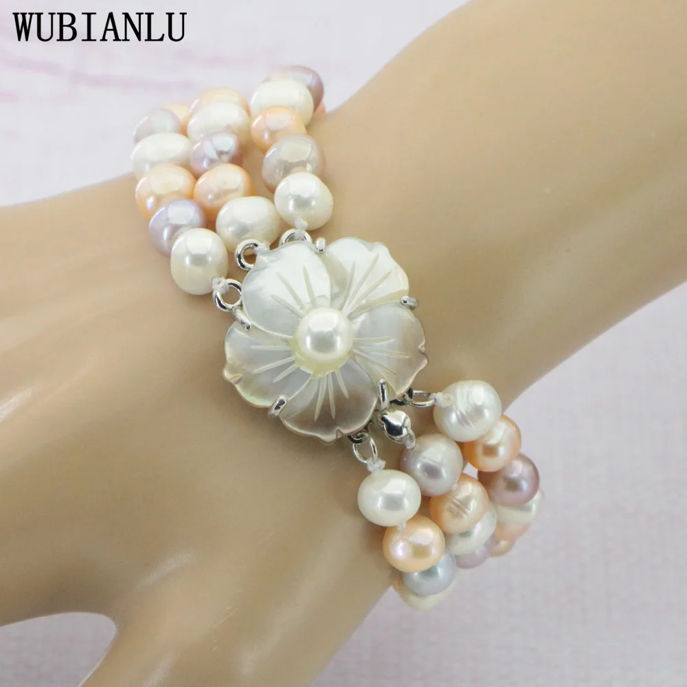 7-8mm 3 Rows Natural Freshwater Pearl Bracelet For Women In Charm Bracelets Girls Birthday Gift Party Clothing Collocation T268