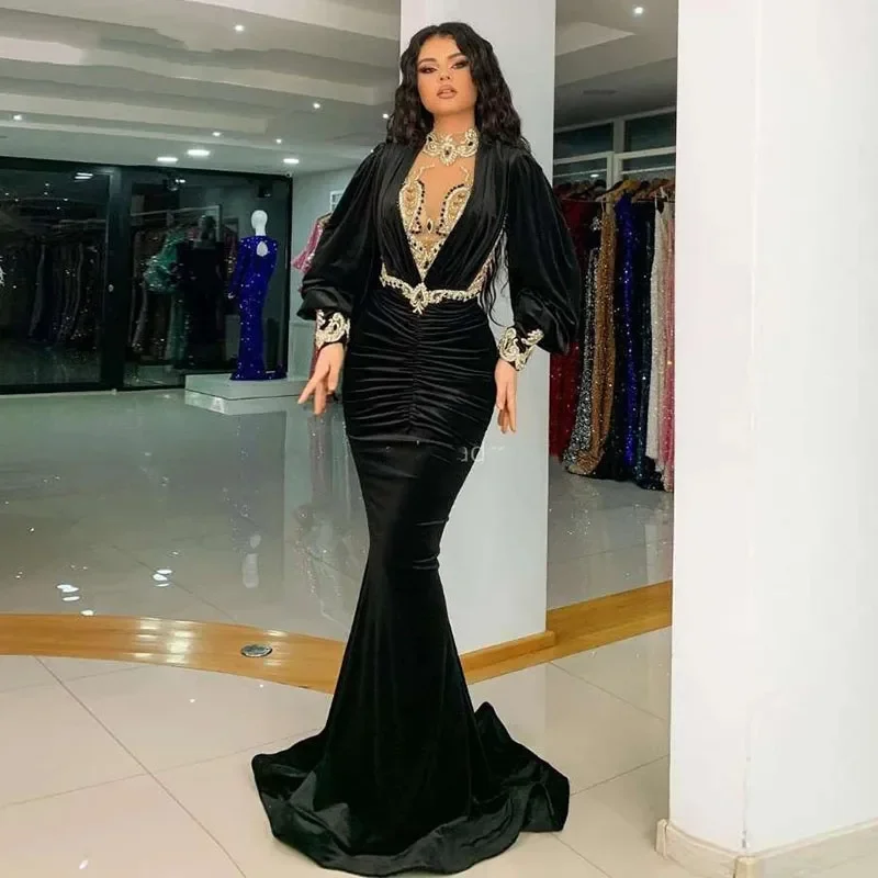 

Black Velvet Mermaid Trumpet Formal Wedding Guest Evening Prom Dresses Cocktail Long Puffy Sleeves Sweep Train Arabic