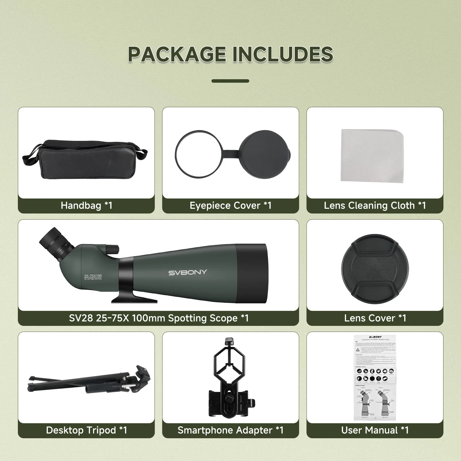 Svbony SV28A Spotting Scopes 25-75x100/20-60x80 FMC Perfect for