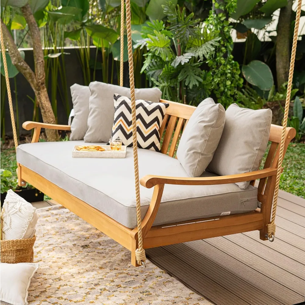 Teak Wood Porch Swing Bed, Spacious Outdoor Swing Daybed with Comfortable Oyster Cushion – Ideal for Patio, Porch, or Backyard 6
