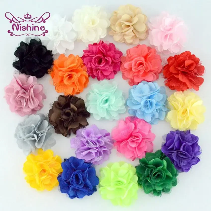 Nishine 20pcs/lot Satin Mesh Flowers DIY Kids Headband Hair Accessory Boutique Wedding Decoration Flower Head Floral Accessories