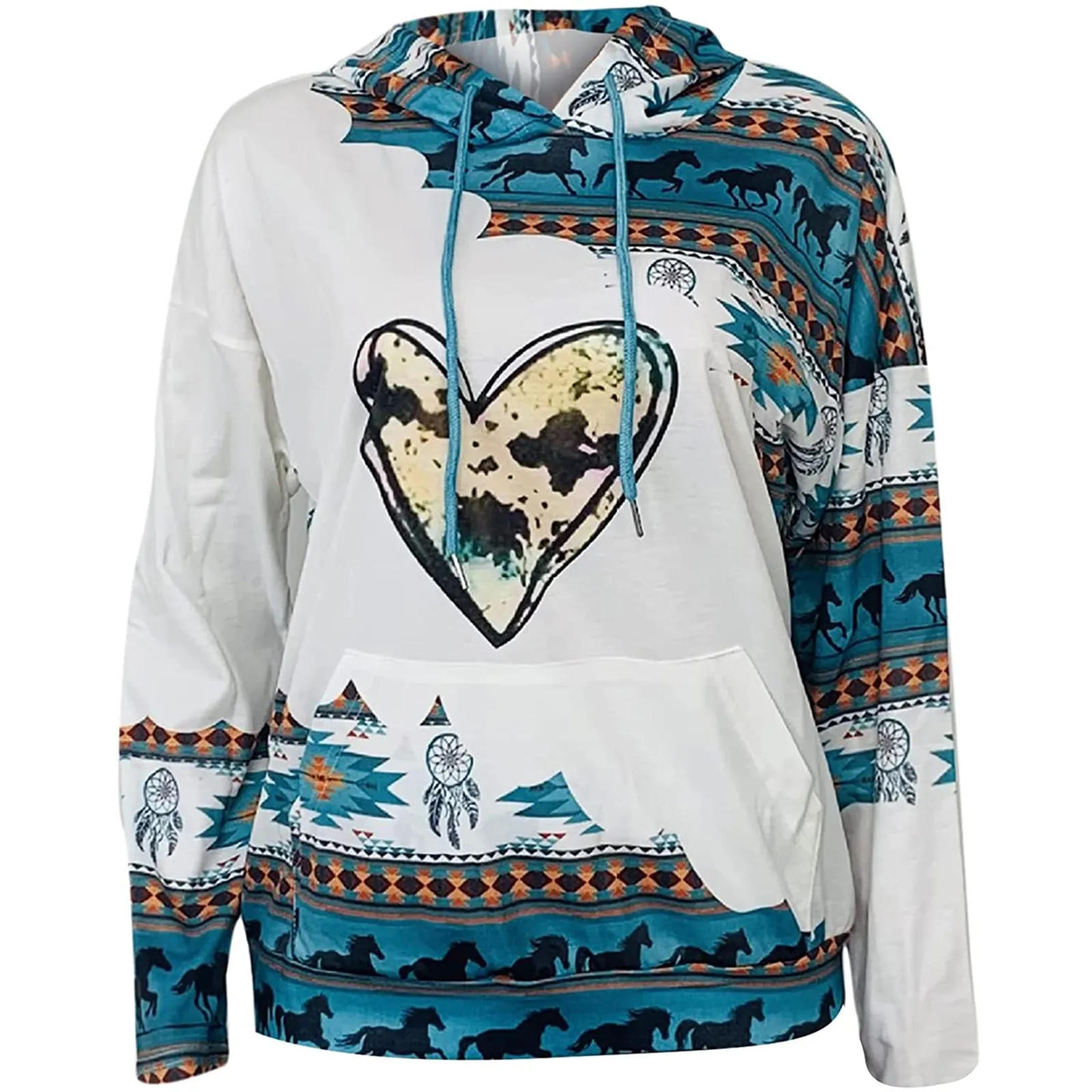 Womens Casual Geometric Horse Print Long Sleeve Drawstring Pullover Tops, Ethnic Style Hooded Sweatshirt 4