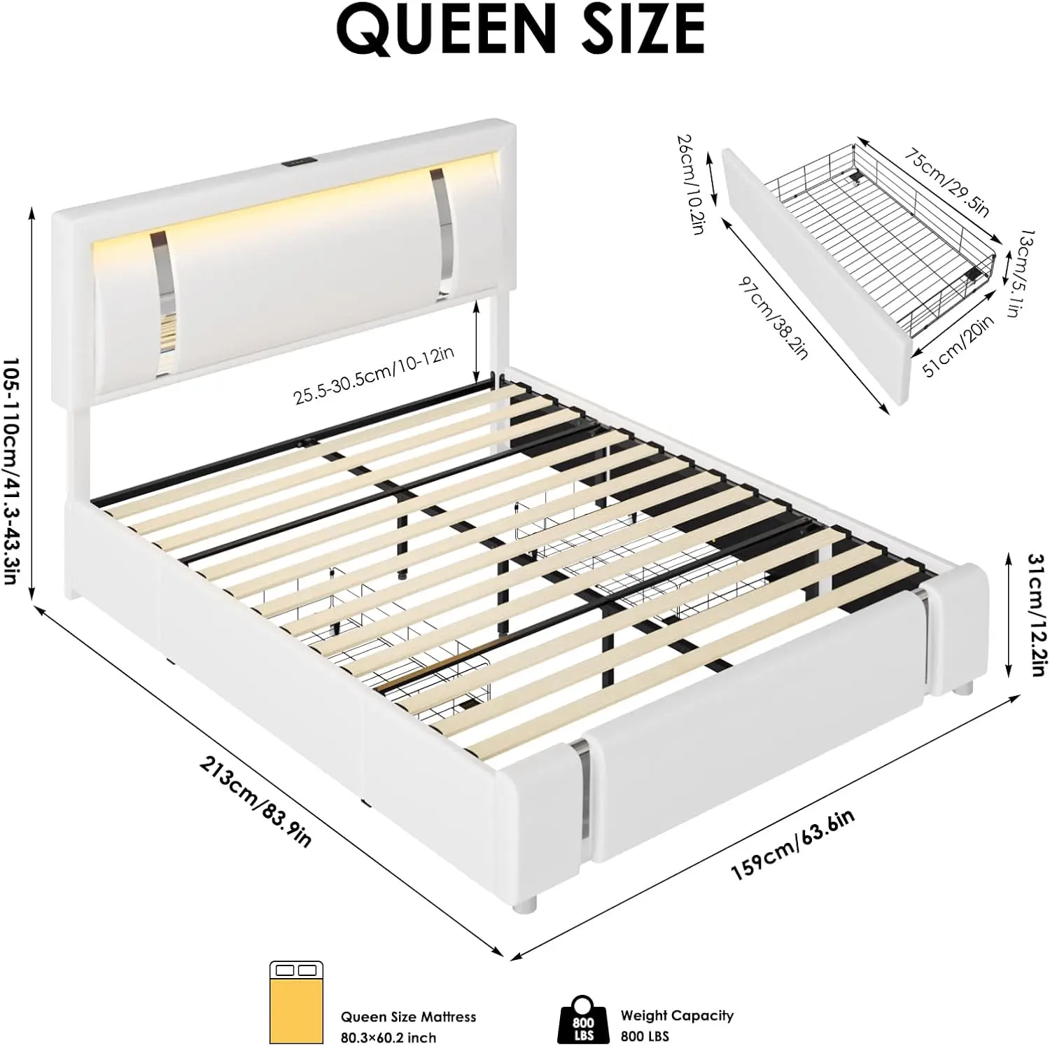 Queen Bed Frame with RGB LED Lights Headboard & 2 Storage Drawers, Modern Upholstered Faux Leather Smart Plat  White