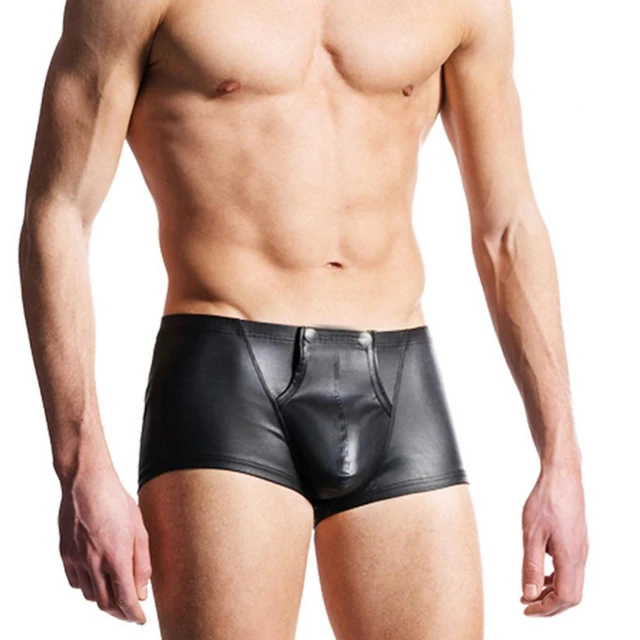 Sexy Open Bulge Pouch Men\'s Boxers Underwear Faux Leather Shorts
