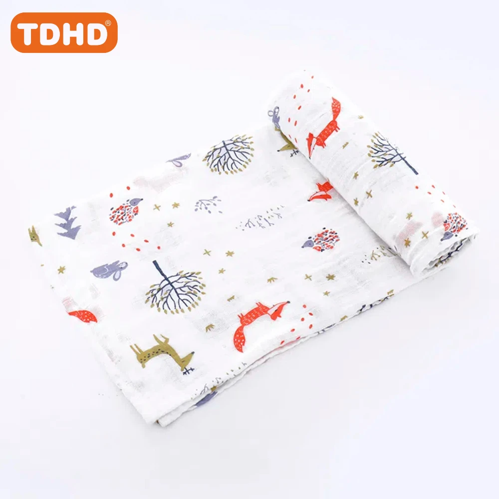 TDHD  Baby printed cotton muslin Blanket Soft Skin cartoon print swaddle blanket suitable for home and out 6