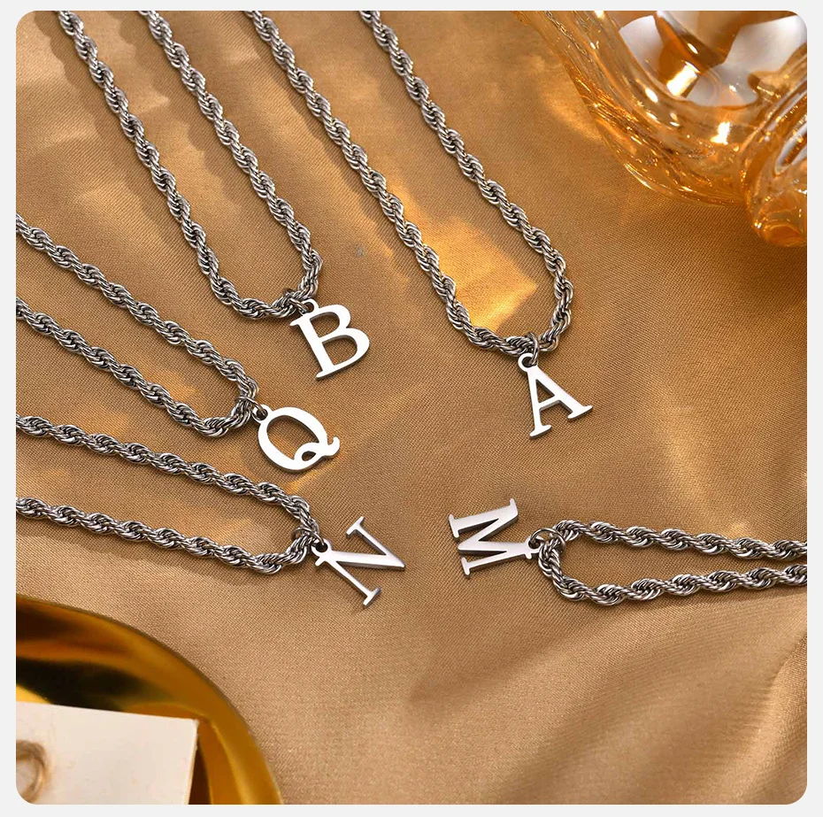 Vnox Initialen-Halsketten für Damen und Herren, Edelstahl A-Z Buchstaben-Alphabet-Charm-Anhänger mit gedrehter Seilkette, Unisex-Kragen – Detail 5