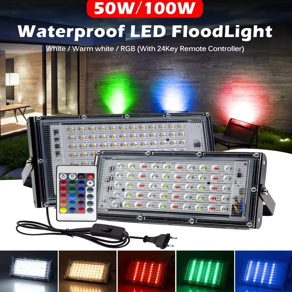 50W 100W RGB Flood Light Lamp Outdoor AC220V Garden Lighting Floodlight IP65 Waterproof Reflector LED RGB Spotlight with Remote