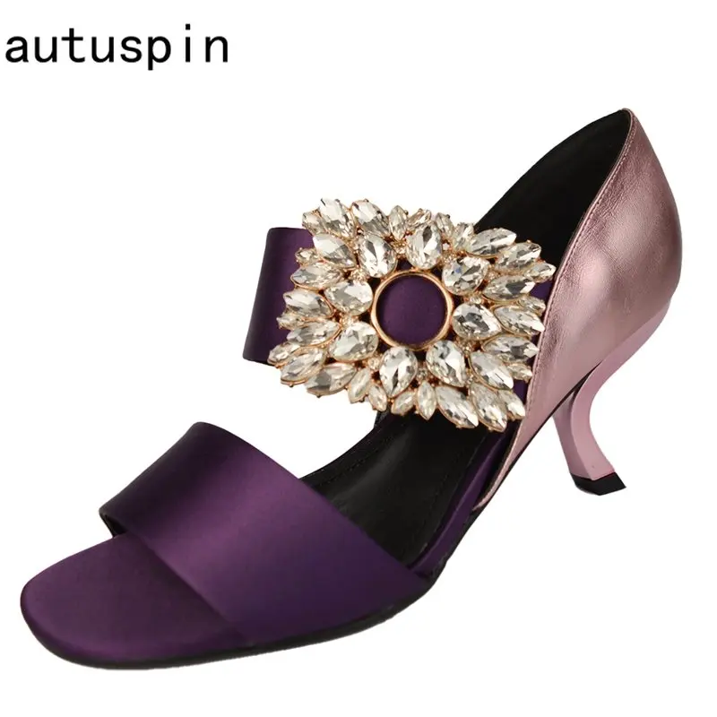 

Autuspin Elegant Women Pumps Fashion Design Purple High Heels Summer Genuine Leather Rhinestone Sandals Party Wedding Shoes 2023
