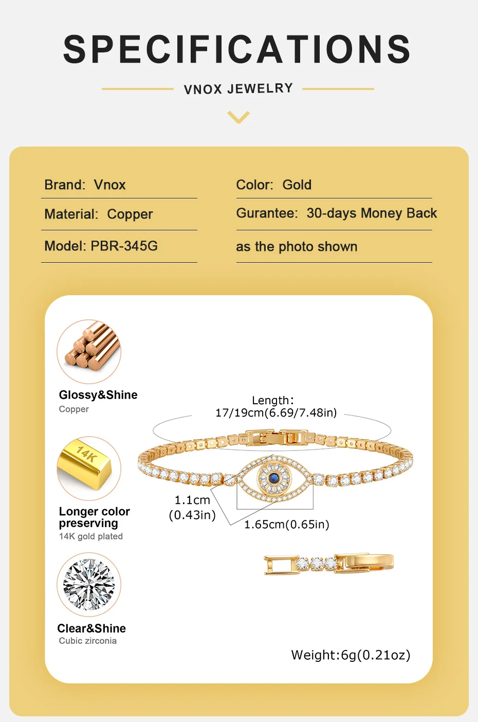 Vnox Klassisches Böses Auge Zirkonia Kettenarmband für Damen, Vergoldetes Tennisarmband AAA Zirkonia Glücksarmband Schmuck – Detail 4